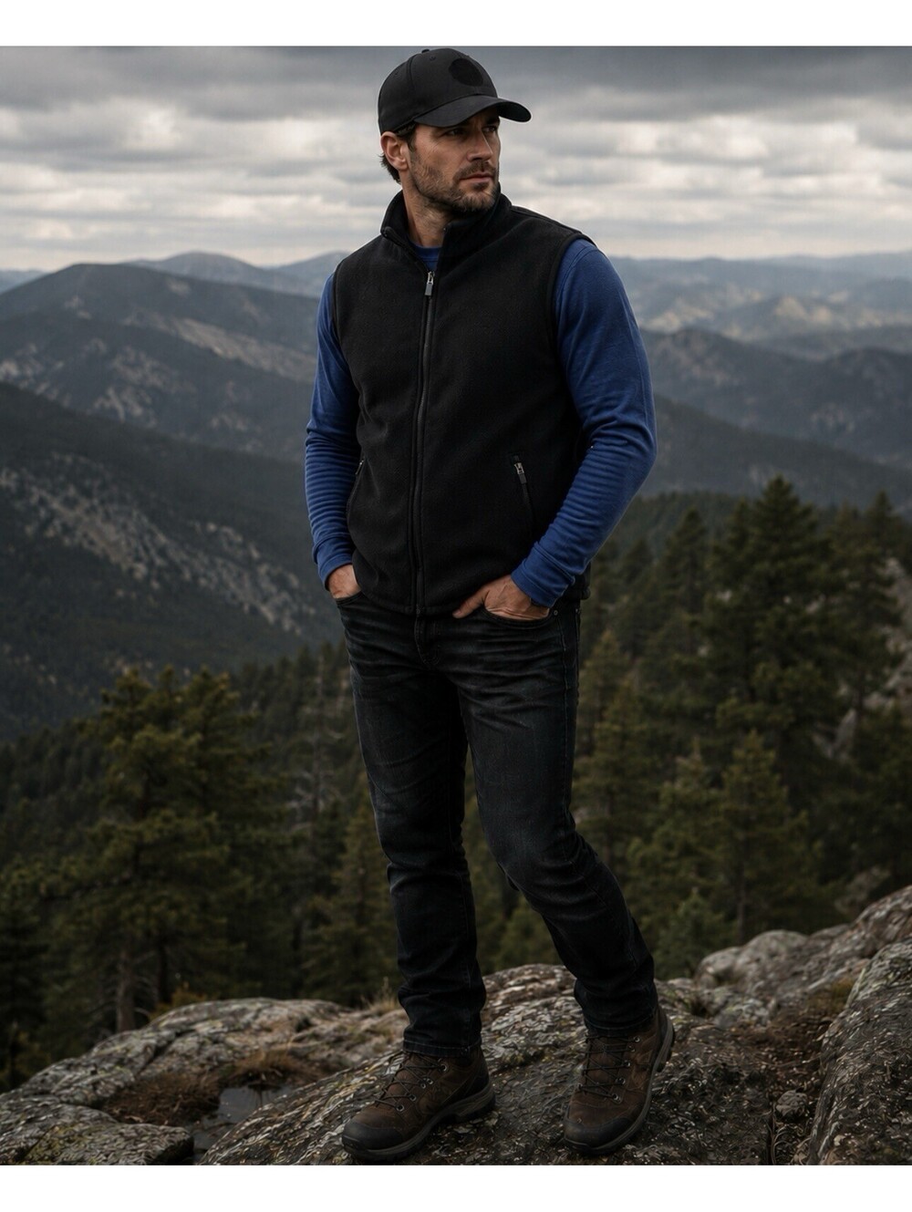 Lands End Fleece Zip Vest Sz 42/44 Black Hiking Warm Lightweight Outdoor Casual
